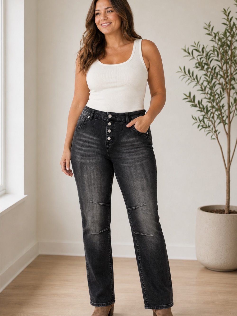 Flamingals High Rise Button Fly Black Wash Barrel Jeans Women’s Large
